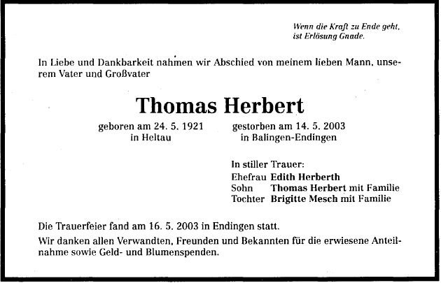 Herbert Thomas 1921-2003 Todesanzeige